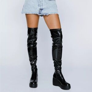 Nasty gal patent wedge thigh high boots in black